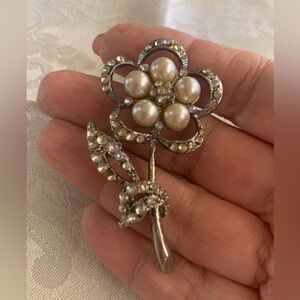 Vintage Silver Floral Brooch with Faux Pearls and Rhinestone